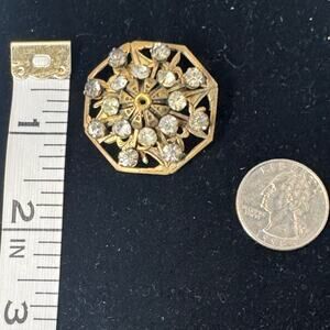 vintage brass toned brooch with white stones 1950's